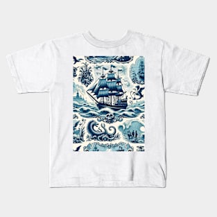 Nautical Odyssey Vintage Wallpaper, Toile de Jouy Tale Kids T-Shirt